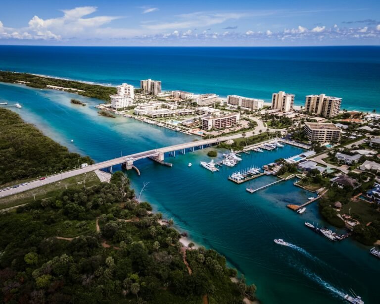 Aerial view of the Jupiter waterfront, bridge and Intracoastal Waterway