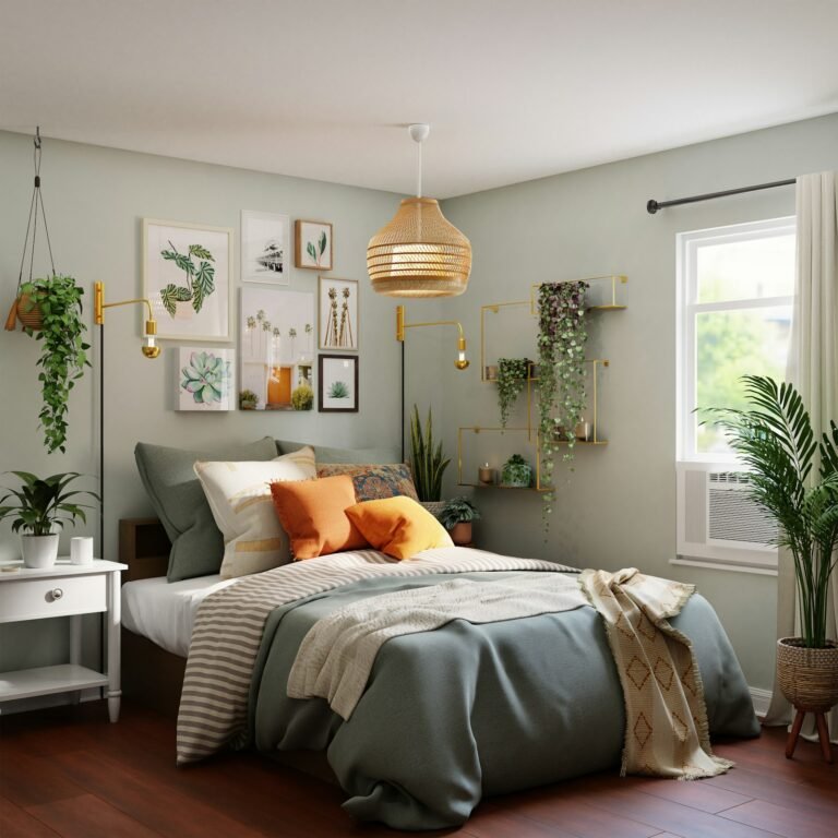 Bedroom with gray and white bedding