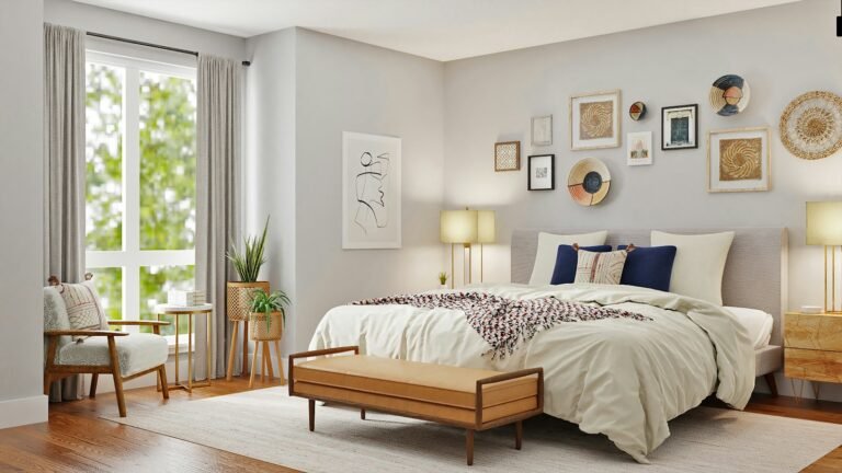 Bedroom with a leather bench and wall art