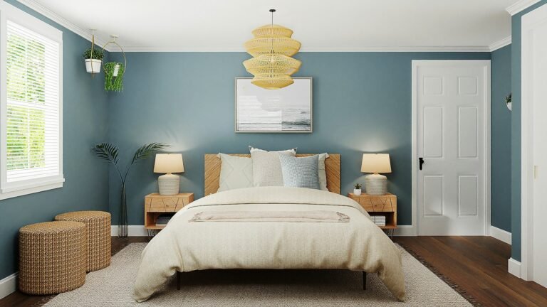 Bedroom with blue walls and a beige bed