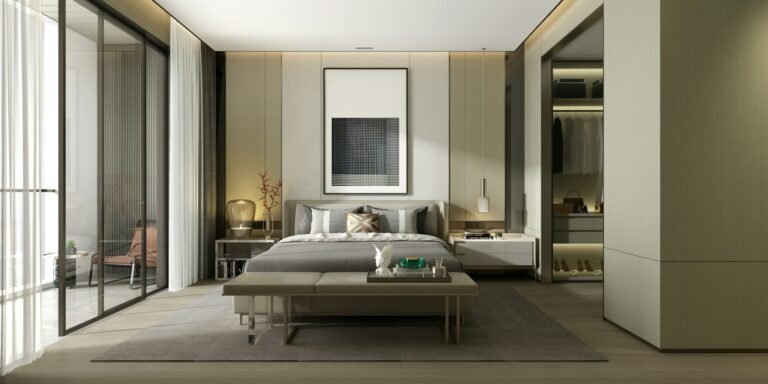 Bedroom with a gray bed
