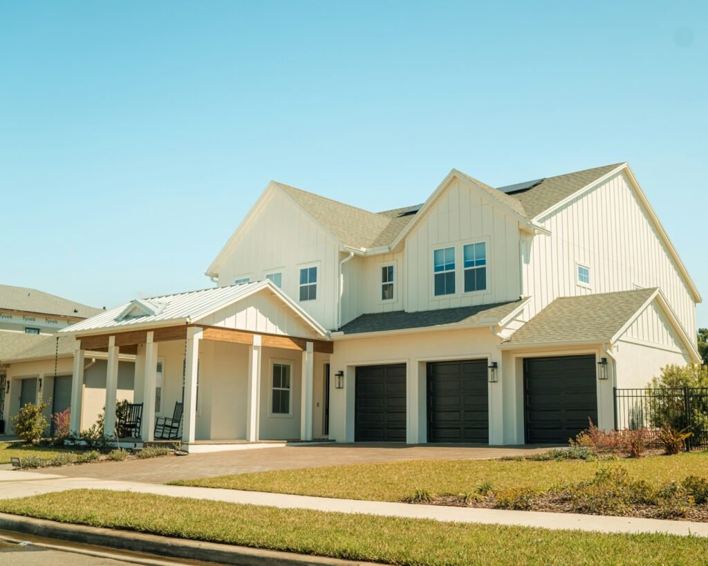 Large white home with a two-car garage