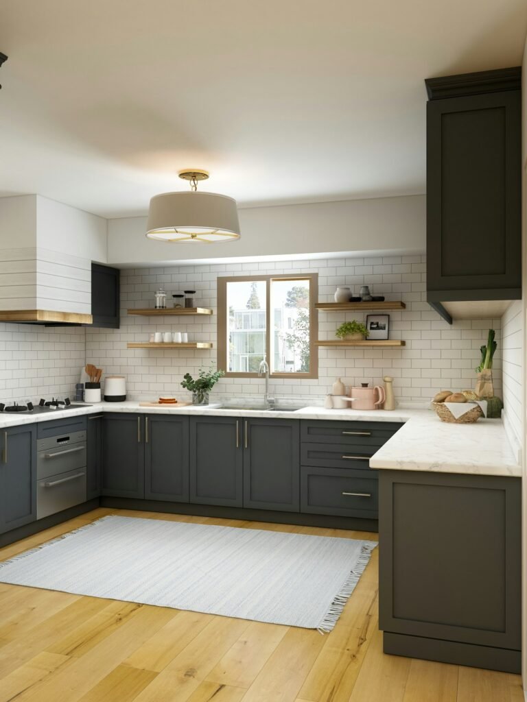 Kitchen with white and wood cabinets