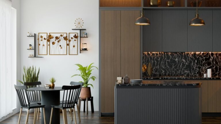 Kitchen and dining area with table and chairs