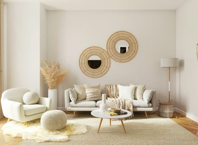 Living room with a sofa and mirror