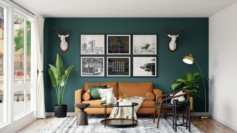 Sitting area with a leather sofa and framed art